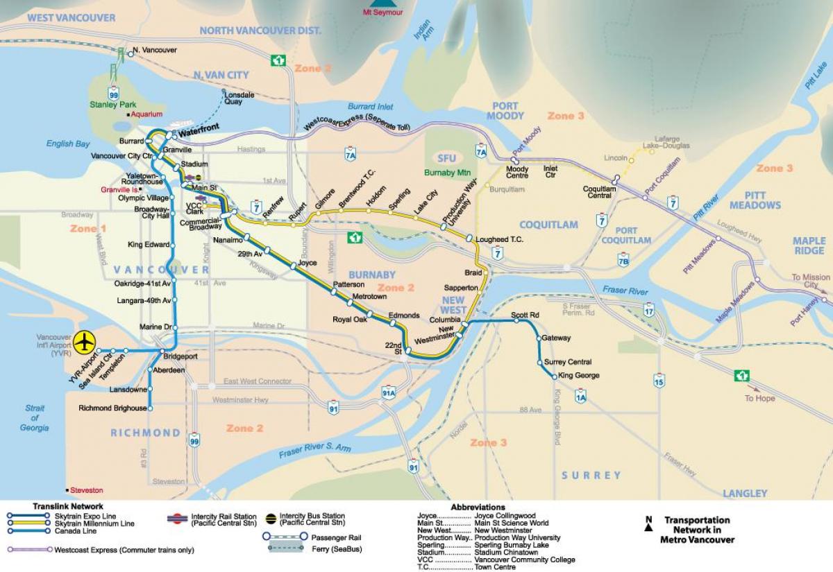 Zemljevid podzemne železnice vancouver območje
