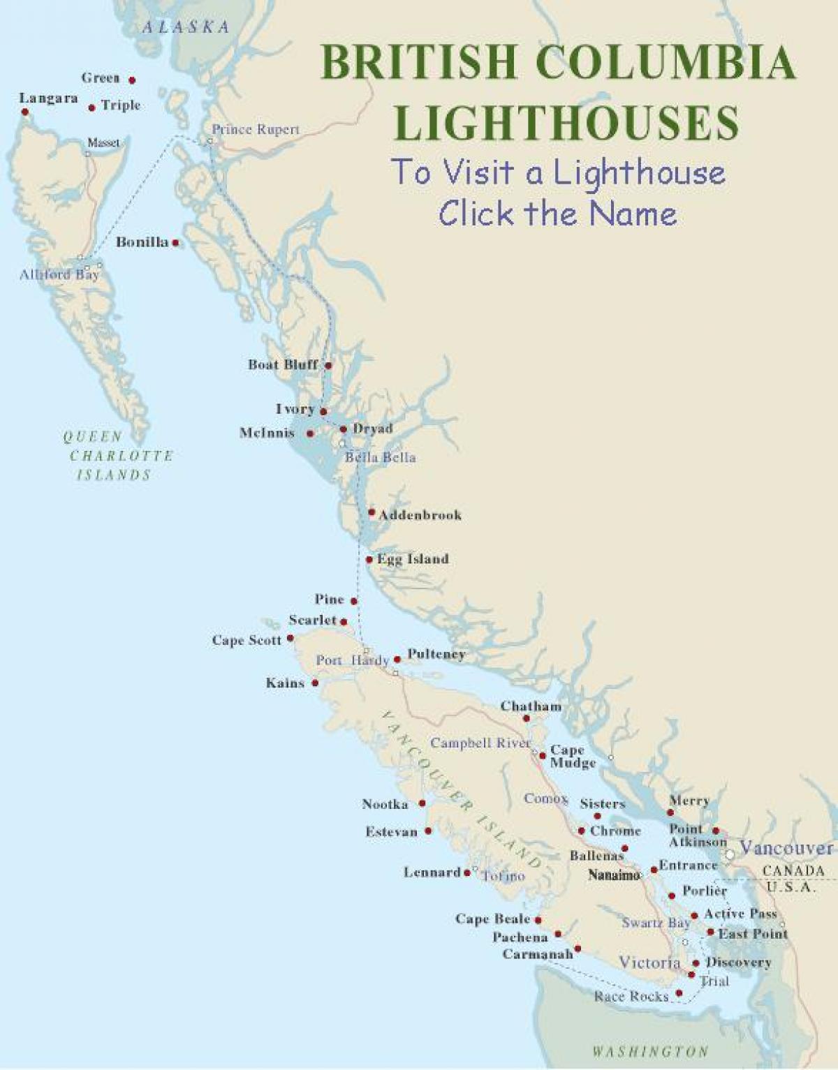 Zemljevid vancouver island, svetilniki