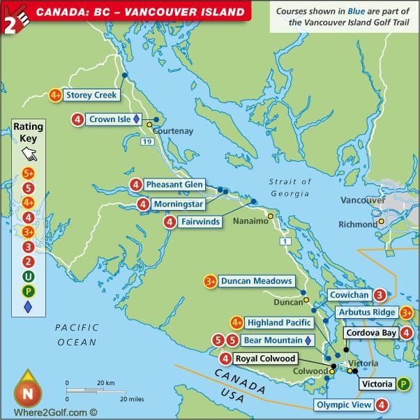 Zemljevid vancouver island igrišč za golf