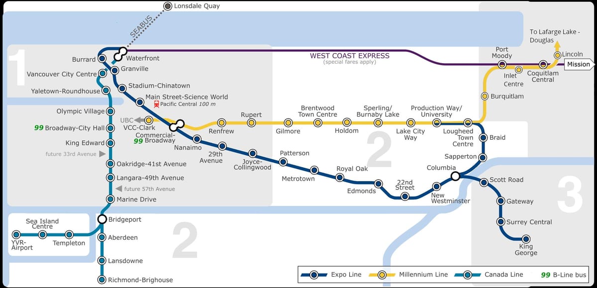 vancouver letališča do centra mesta skytrain zemljevid