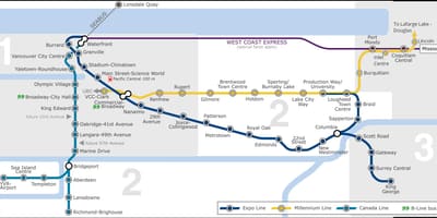 Vancouver letališča do centra mesta skytrain zemljevid